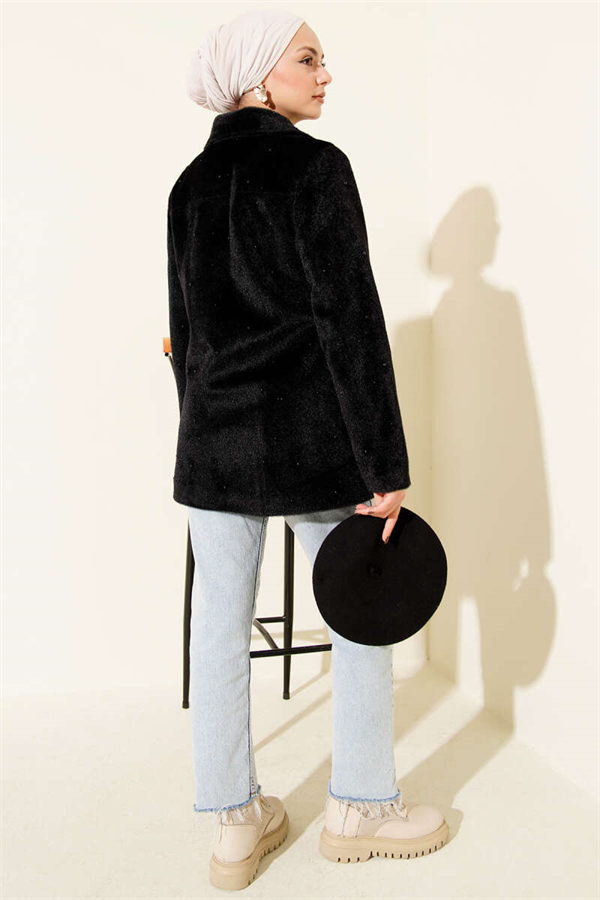 Pearl-Embellished Buttoned Faux Fur Coat, Black