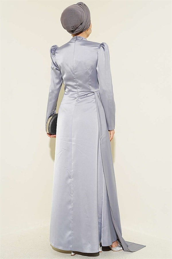 Pearl and Stone Embellished Satin Evening Dress Grey