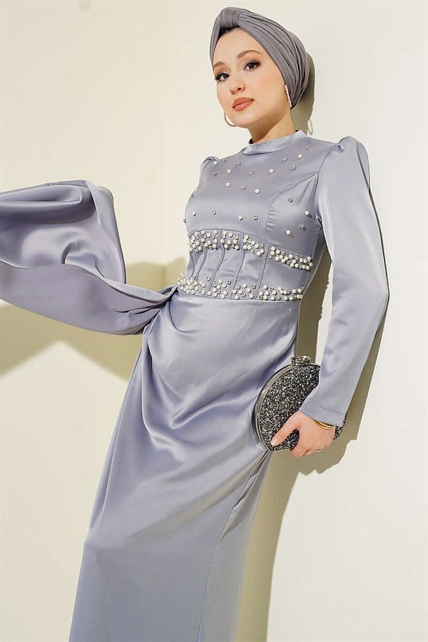 Pearl and Stone Embellished Satin Evening Dress Grey