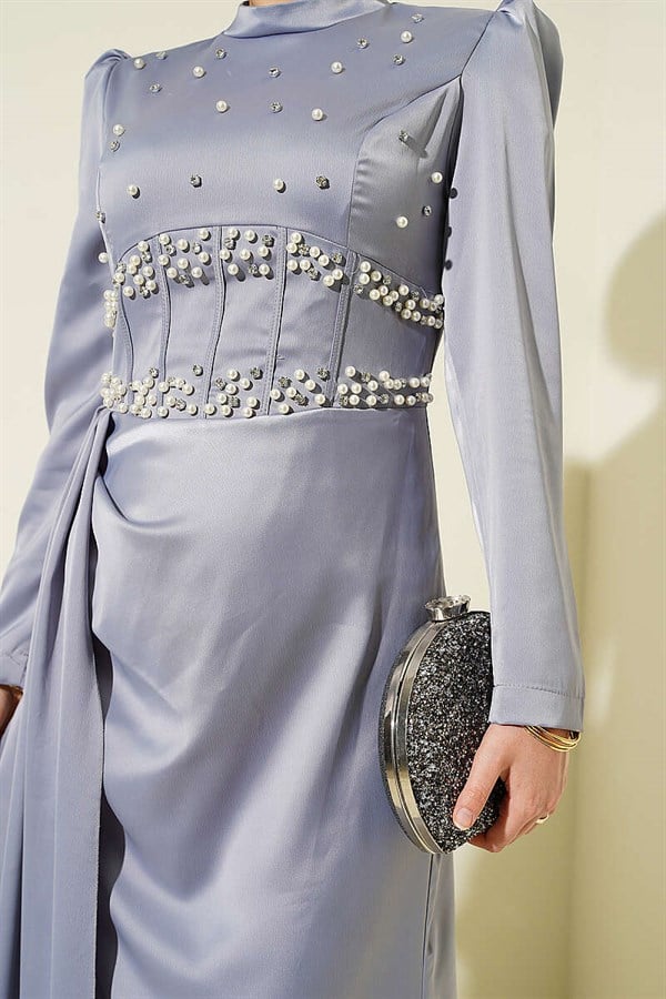 Pearl and Stone Embellished Satin Evening Dress Grey