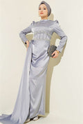 Pearl and Stone Embellished Satin Evening Dress Grey