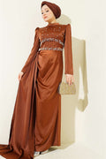Beaded and Embellished Satin Evening Dress in Brown
