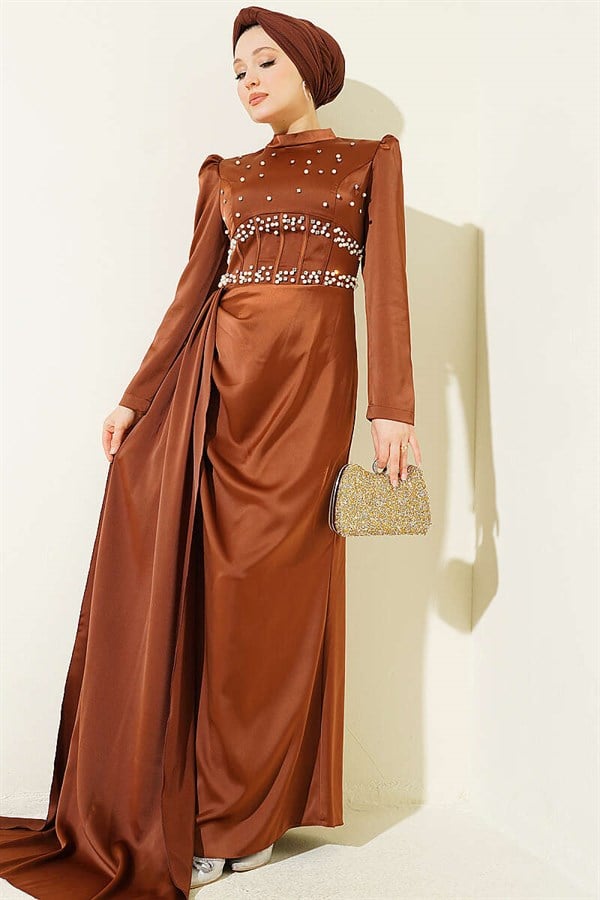 Beaded and Embellished Satin Evening Dress in Brown