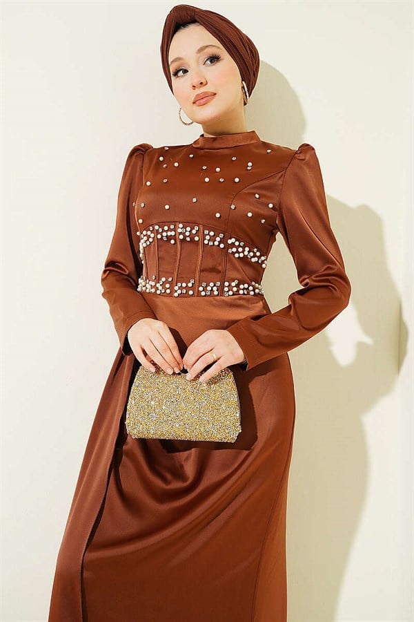 Beaded and Embellished Satin Evening Dress in Brown