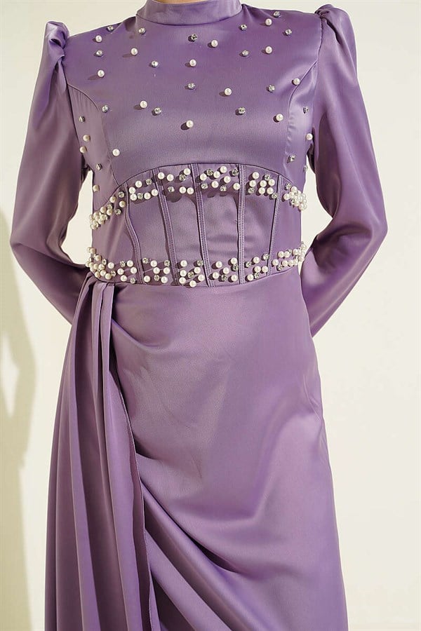 Pearl and Stone Embellished Satin Evening Dress Lilac