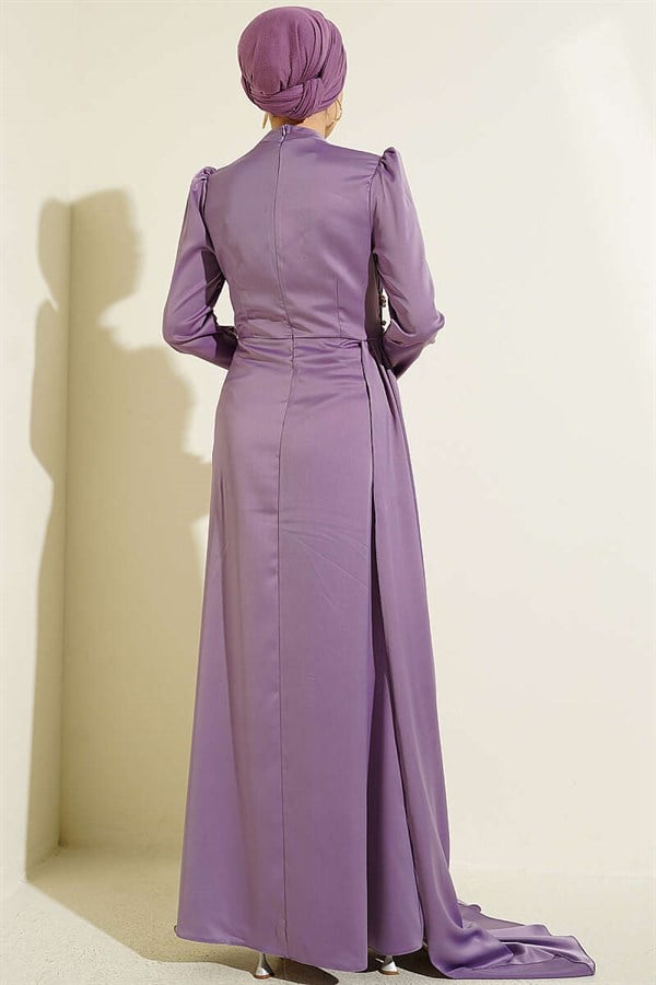 Pearl and Stone Embellished Satin Evening Dress Lilac