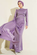 Pearl and Stone Embellished Satin Evening Dress Lilac