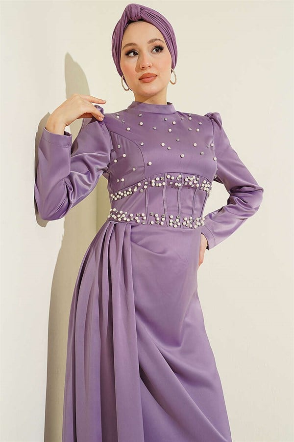 Pearl and Stone Embellished Satin Evening Dress Lilac