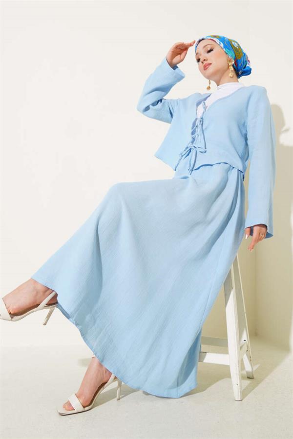 String Tie Kimono Skirt 2 Piece Set Blue