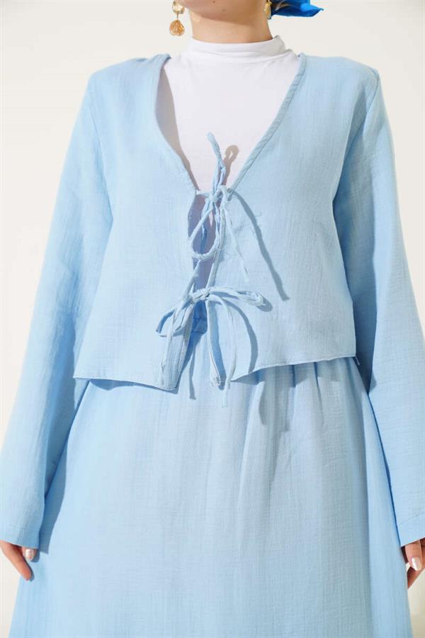 String Tie Kimono Skirt 2 Piece Set Blue