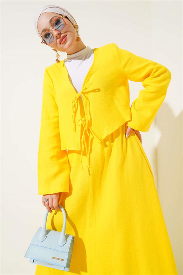 String Tie Kimono Skirt 2 Piece Set Yellow