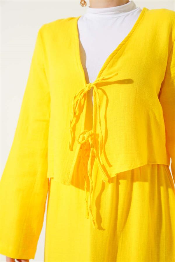 String Tie Kimono Skirt 2 Piece Set Yellow