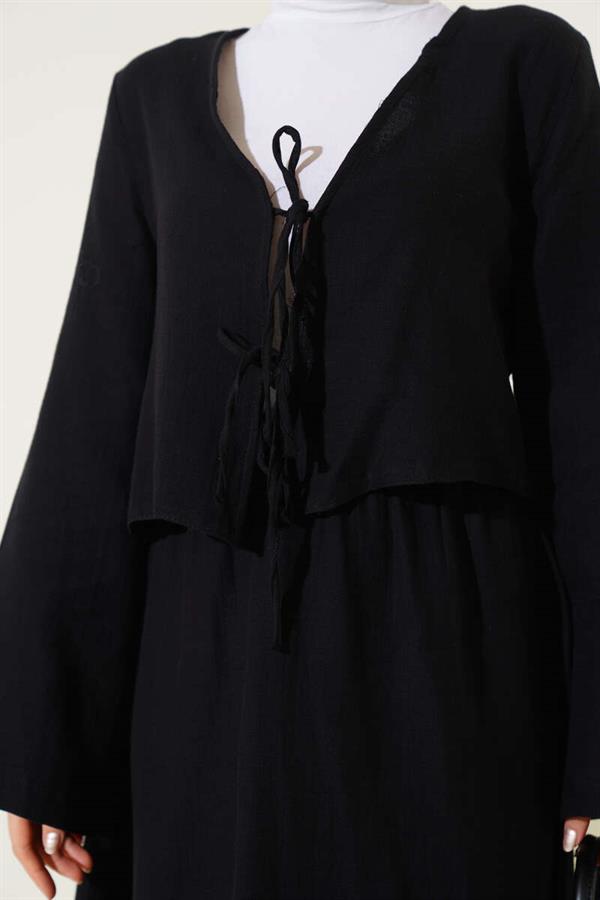 Lace-Up Kimono Skirt 2 Piece Set Black