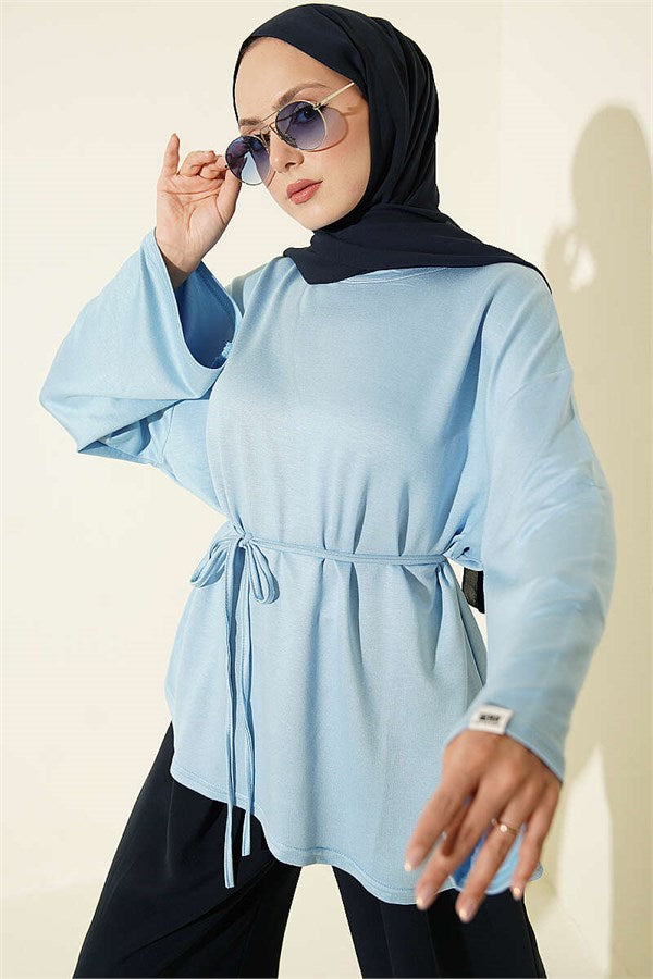 Baby Blue Tunic with Drawstring and Emblem Detail