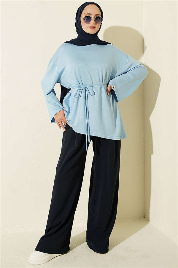 Baby Blue Tunic with Drawstring and Emblem Detail