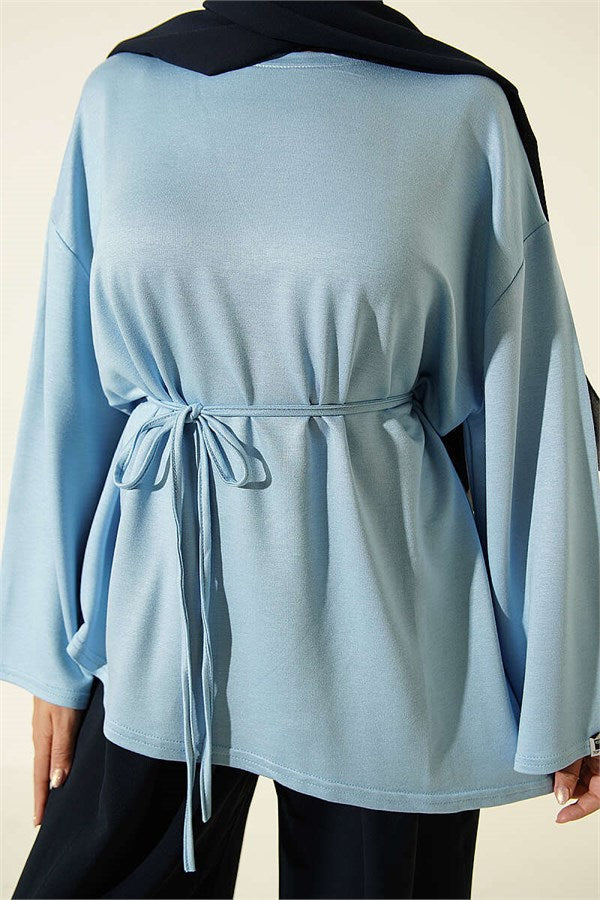 Baby Blue Tunic with Drawstring and Emblem Detail