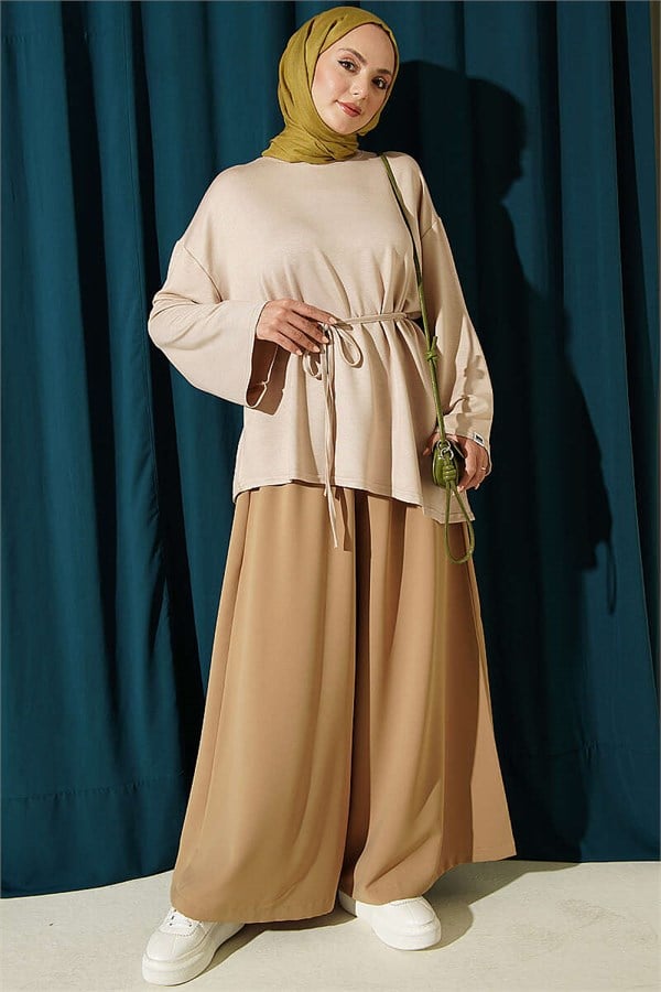 Beige Tunic with Lace-Up Detail and Emblem