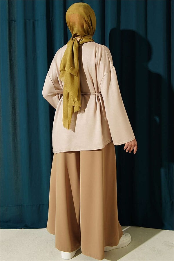 Beige Tunic with Lace-Up Detail and Emblem
