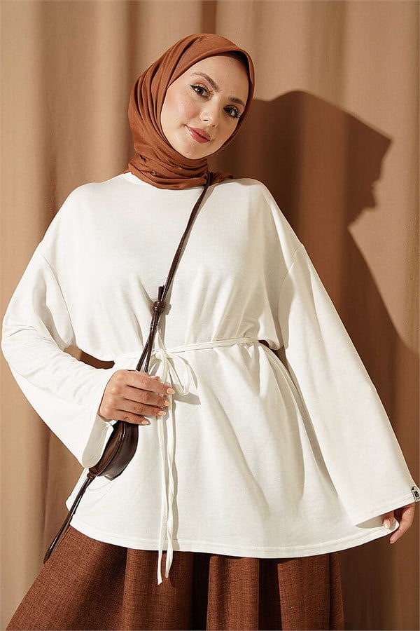 Drawstring Tunic with Emblem Detail, Ecru