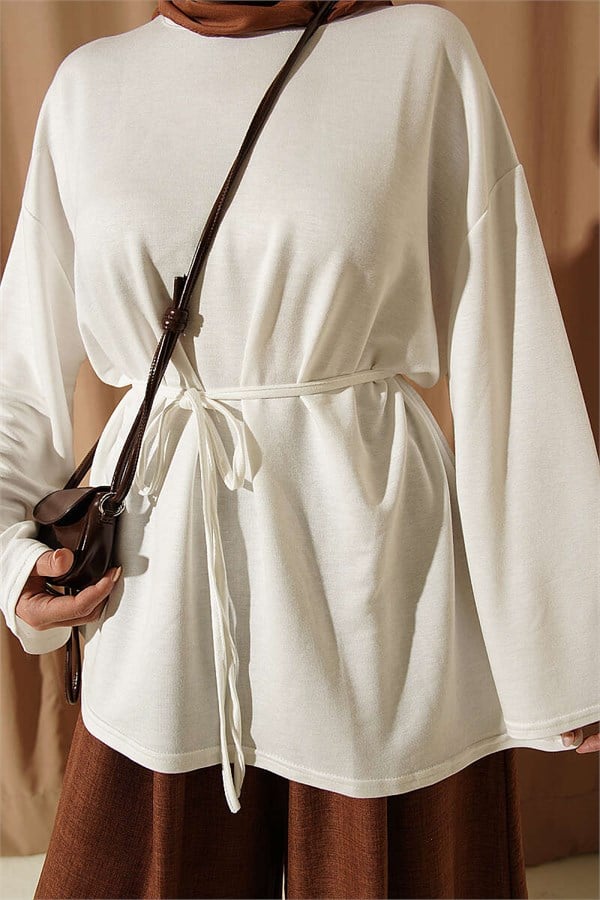 Drawstring Tunic with Emblem Detail, Ecru