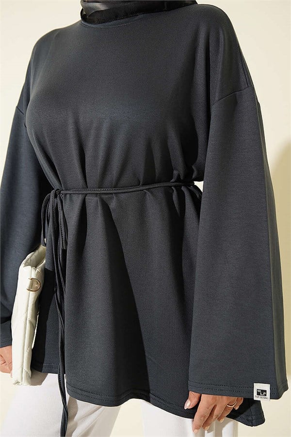 Lace-up Tunic with Emblem Detail, Dark Gray