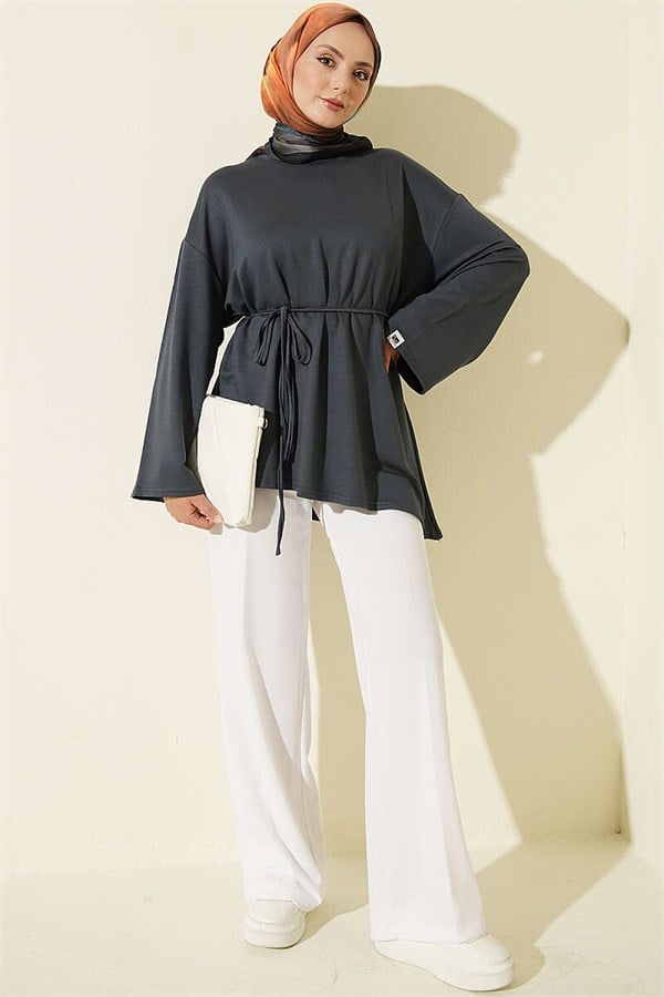 Lace-up Tunic with Emblem Detail, Dark Gray