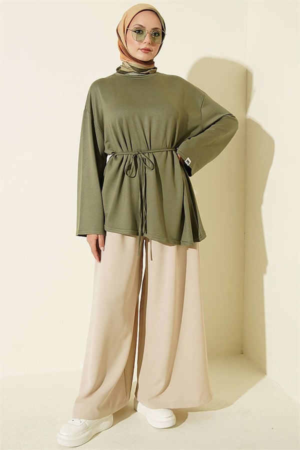 Drawstring Tunic with Emblem Detail, Khaki