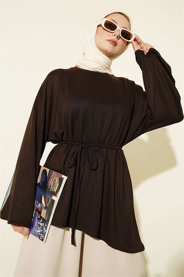 Drawstring Tunic with Emblem Detail, Brown