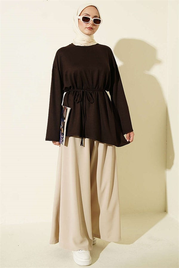 Drawstring Tunic with Emblem Detail, Brown