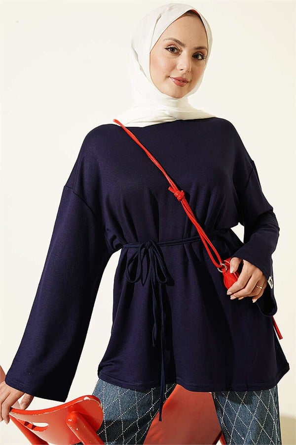 Navy Blue Tunic with Lace-Up Detail and Emblem
