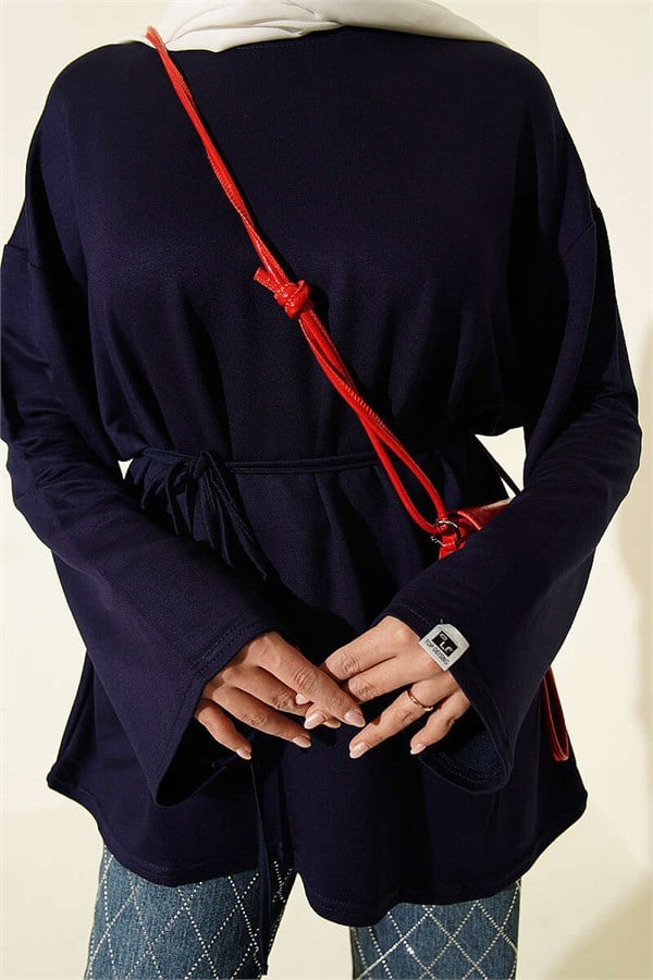 Navy Blue Tunic with Lace-Up Detail and Emblem