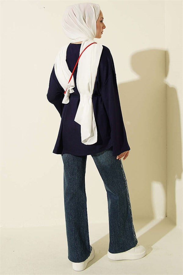 Navy Blue Tunic with Lace-Up Detail and Emblem