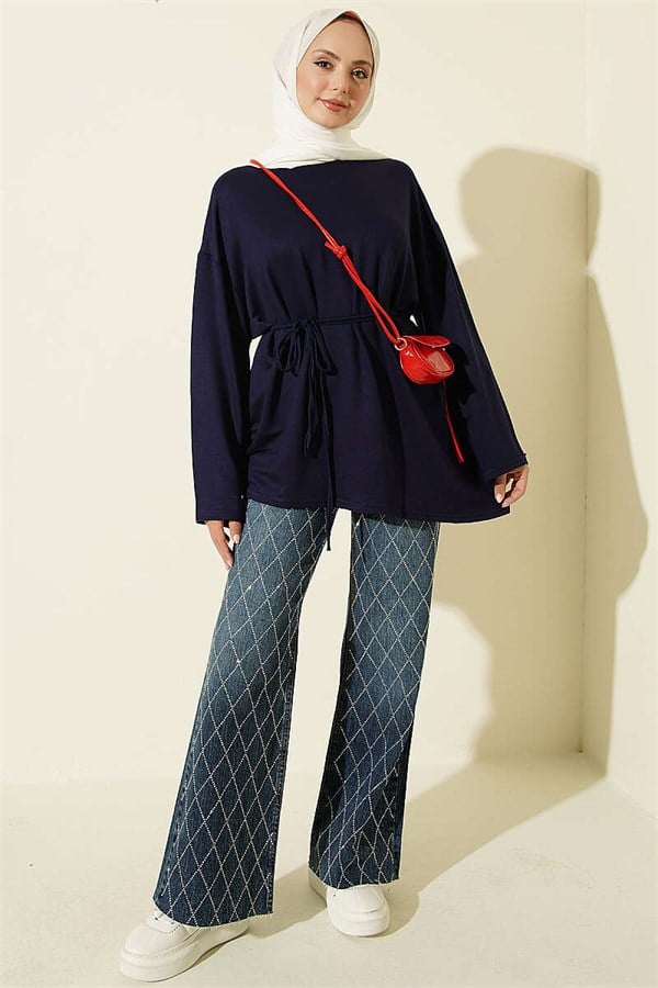 Navy Blue Tunic with Lace-Up Detail and Emblem