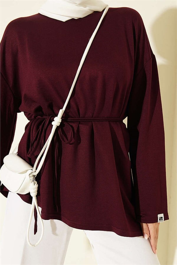 Tie-Draw Tunic with Emblem Detail, Plum