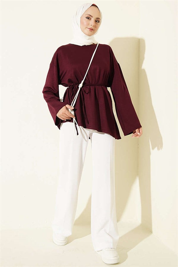 Tie-Draw Tunic with Emblem Detail, Plum