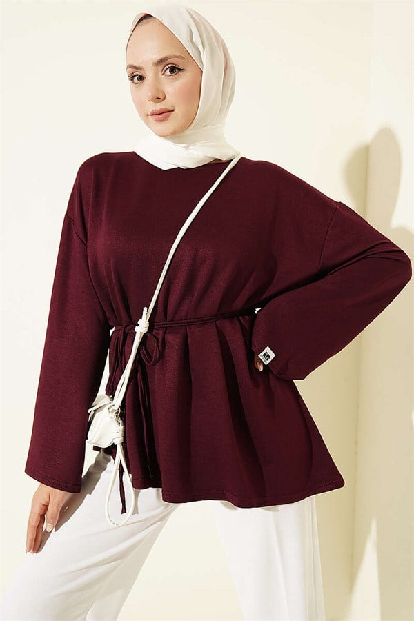 Tie-Draw Tunic with Emblem Detail, Plum