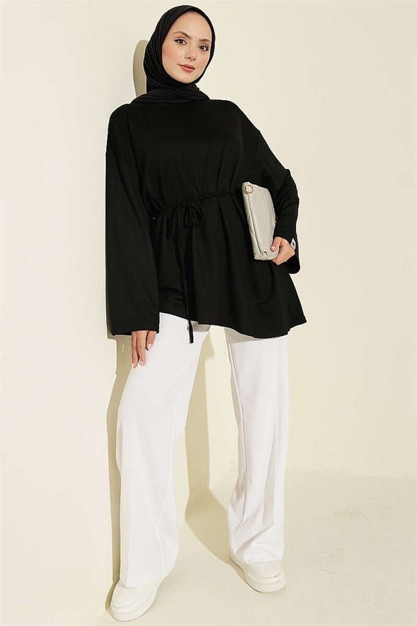 Black Tunic with Drawstring and Emblem Detail