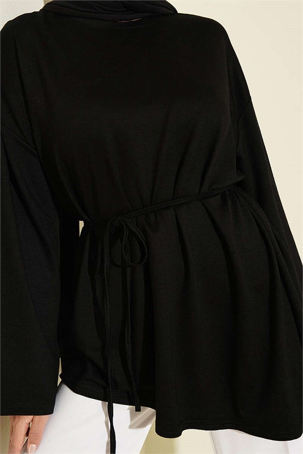 Black Tunic with Drawstring and Emblem Detail