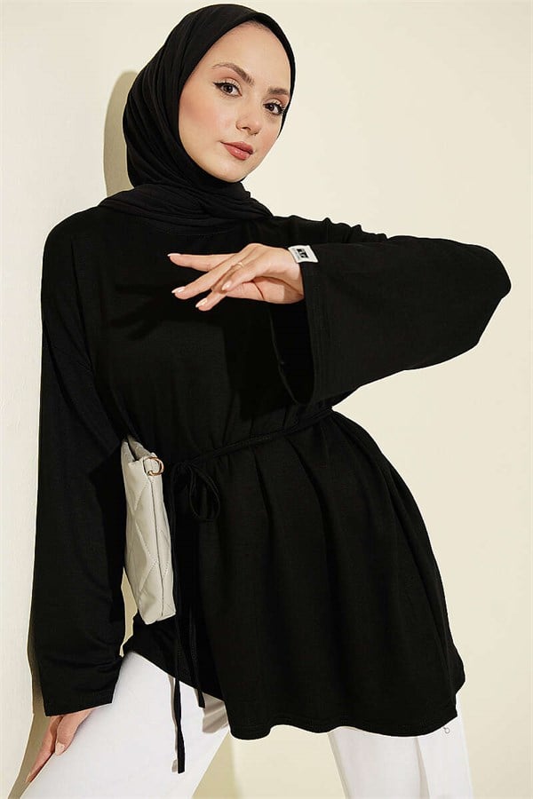 Black Tunic with Drawstring and Emblem Detail