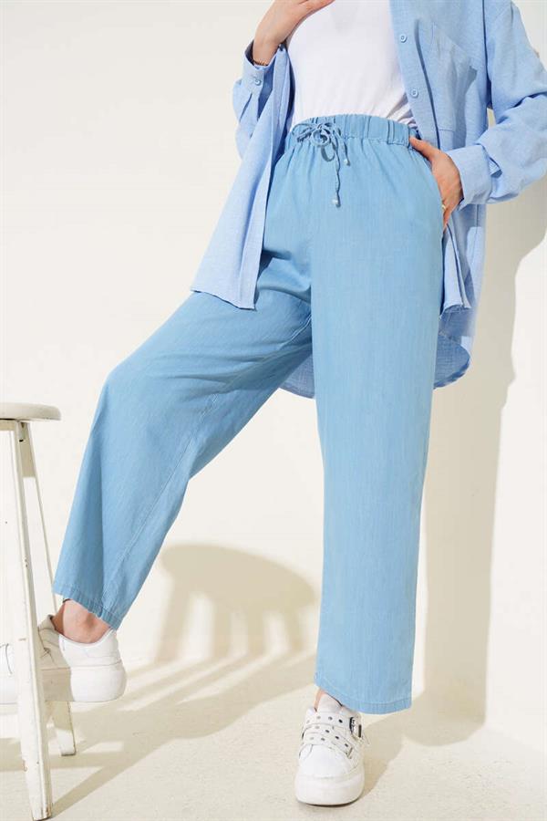 Elastic Waist Trousers with Rope Tie Denim Blue