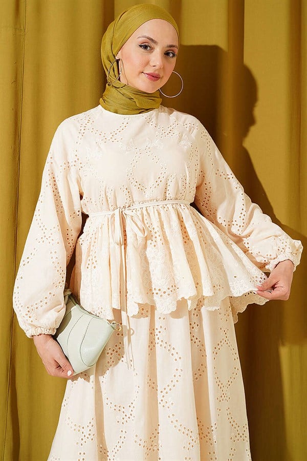 Beige 2 Piece Set with Lace-Up Embroidered Skirt