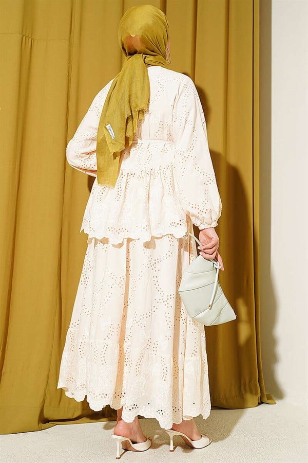 Beige 2 Piece Set with Lace-Up Embroidered Skirt