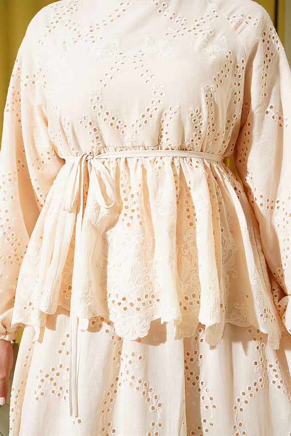 Beige 2 Piece Set with Lace-Up Embroidered Skirt