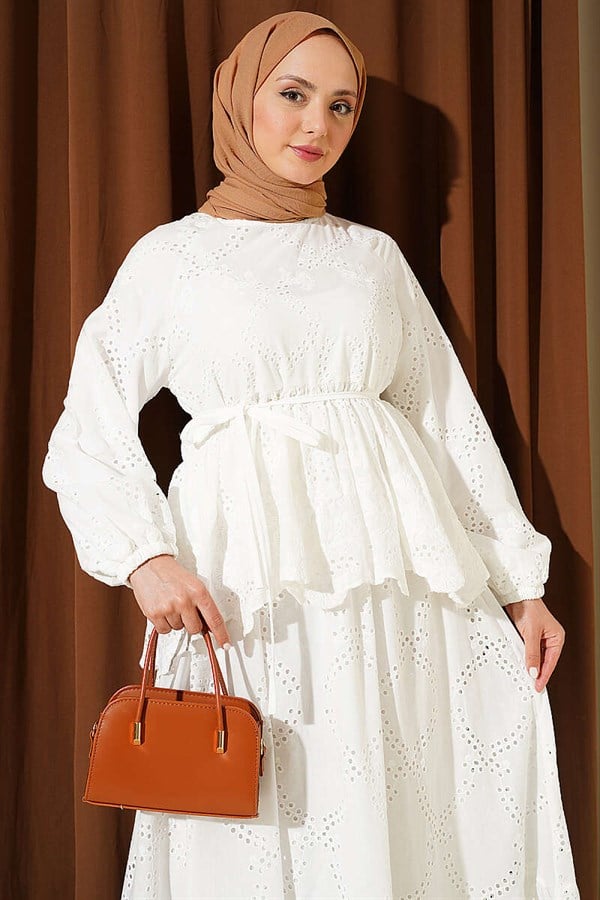 2 Piece Set with Lace-Up Embroidered Skirt, White