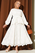 2 Piece Set with Lace-Up Embroidered Skirt, White