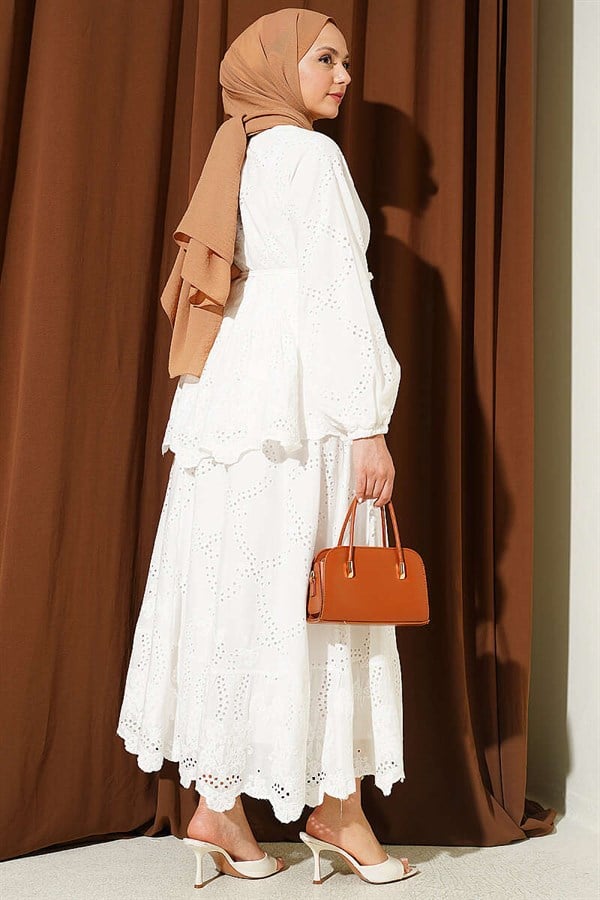 2 Piece Set with Lace-Up Embroidered Skirt, White