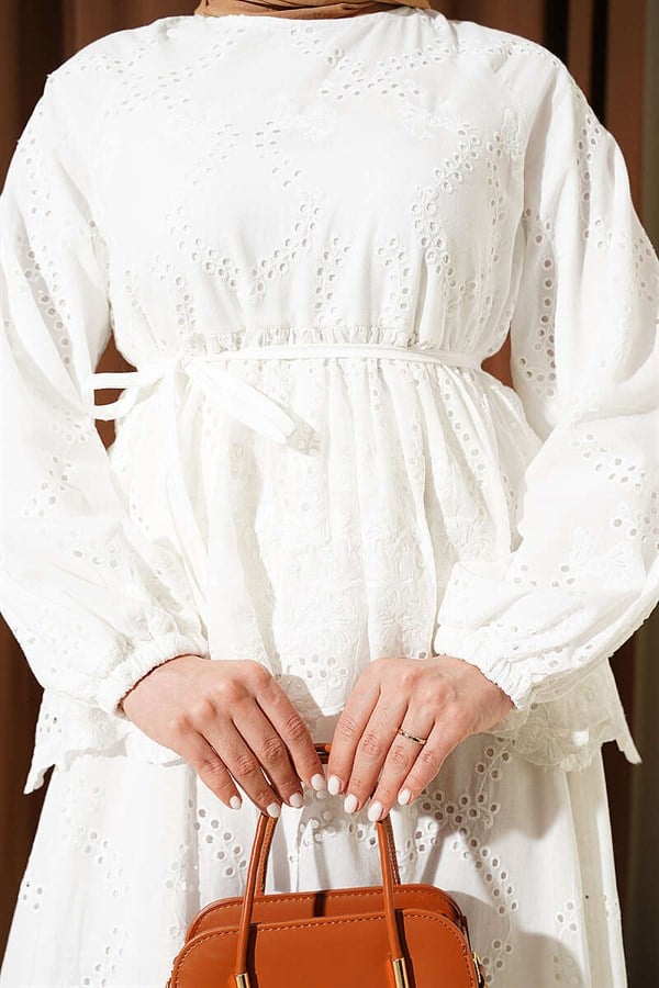 2 Piece Set with Lace-Up Embroidered Skirt, White