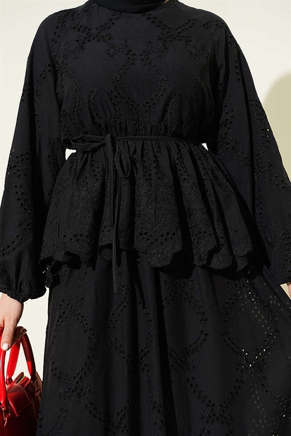 2 Piece Set with Lace-Up Embroidered Skirt, Black