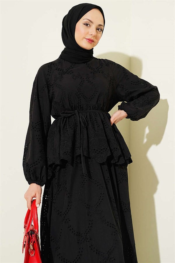 2 Piece Set with Lace-Up Embroidered Skirt, Black