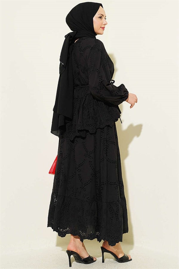 2 Piece Set with Lace-Up Embroidered Skirt, Black
